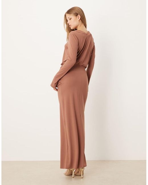 ASOS Natural Long Sleeve Ruched Wrap Waist Maxi Dress