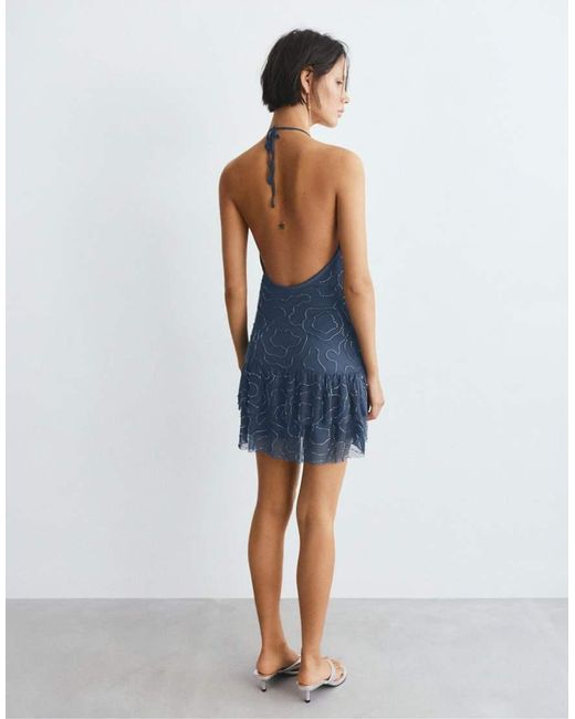 Pull&Bear Blue Short Halter Beaded Dress