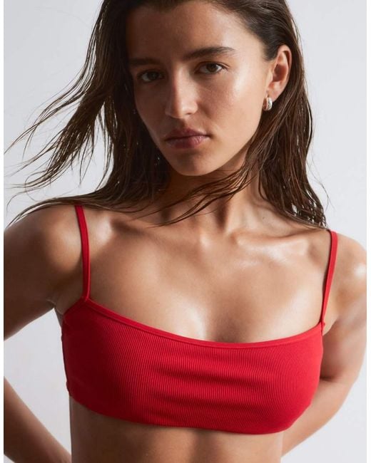 & Other Stories Red Mix And Match Crinkle Bandeau Bikini Top With Knot Detail
