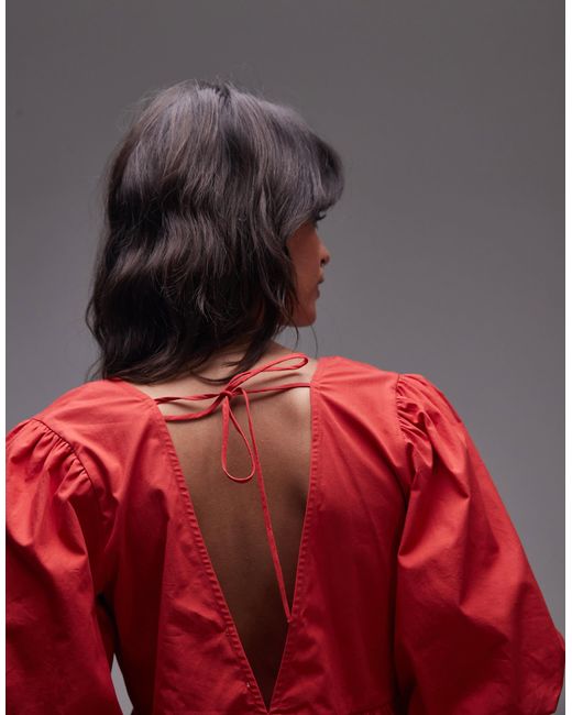 TOPSHOP Red Poplin Puff Sleeve Top