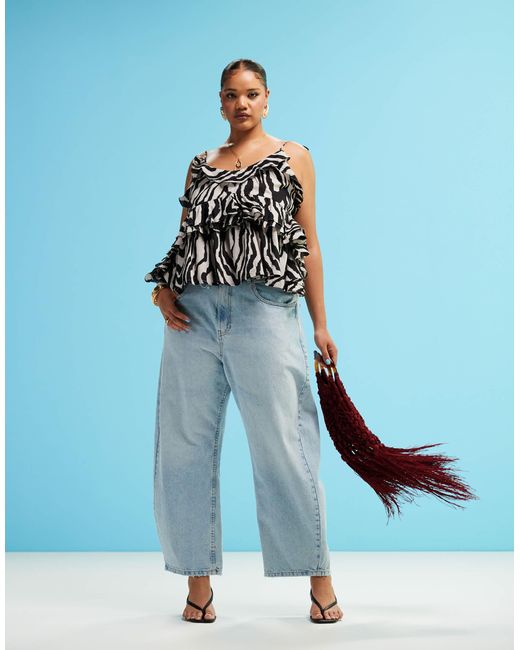 ASOS Blue Asos design curve – camisole-oberteil mit zebramuster, rüschen und gebundenen trägern