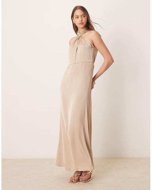 Vila Natural Satin Twist Halterneck Midi Dress