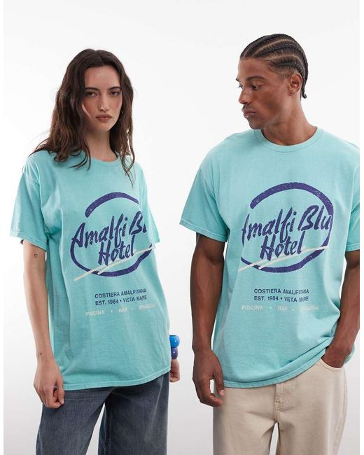 Reclaimed Vintage Blue Amalfi Slogan T-Shirt for men