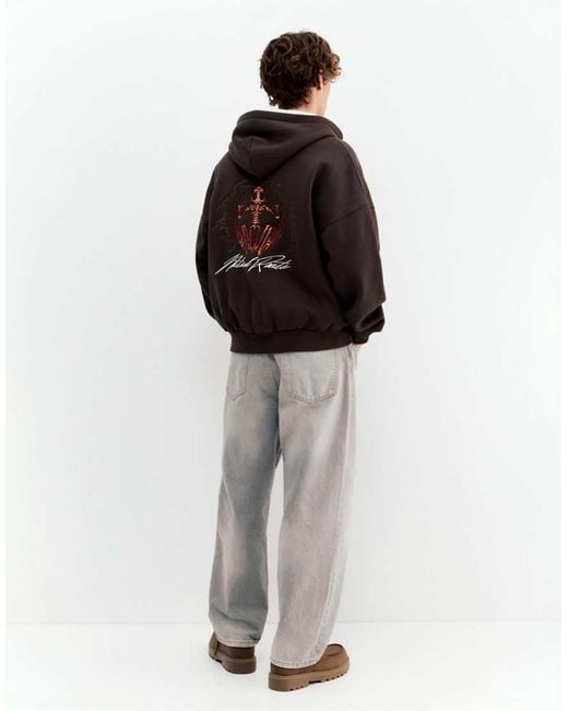 Pull&Bear Red Hoodie With Zip And Graphic for men