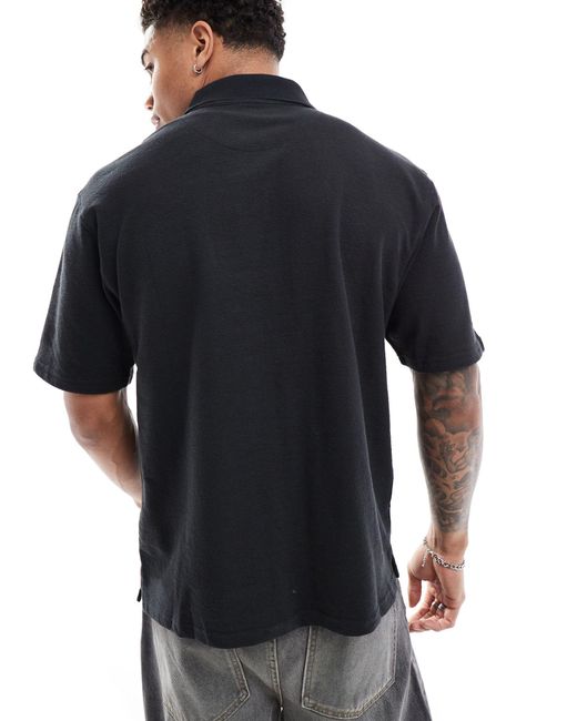River Island Black Zip Neck Polo Shirt for men