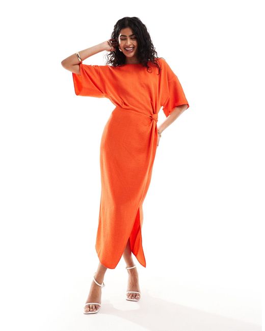 ASOS Orange Angel Sleeve Drape Waist Tab Detail Midi Dress
