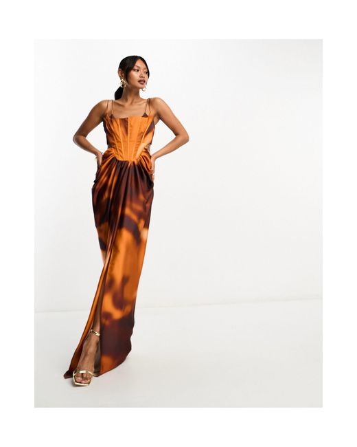 ASOS Orange Corset Boned Satin Cut Out Maxi Dress With Draped Skirt