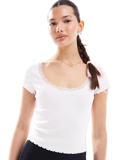 Miss Selfridge White Short Sleeve Pointelle Scoop Tee With Lace Trim Detail