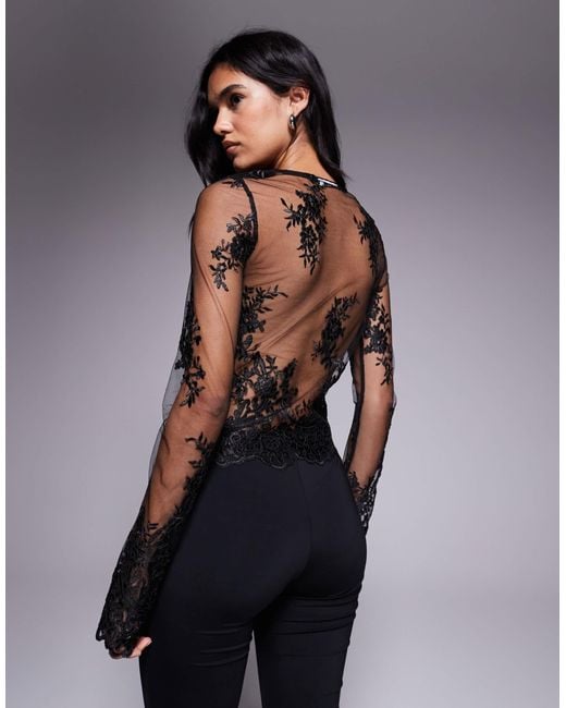 ASOS Black Embroidered Long Sleeve Sheer Scalloped Hem Top