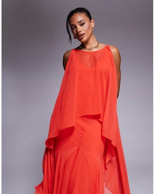 ASOS Red Plunge Bias Maxi Dress With Chiffon Overlay And Godet