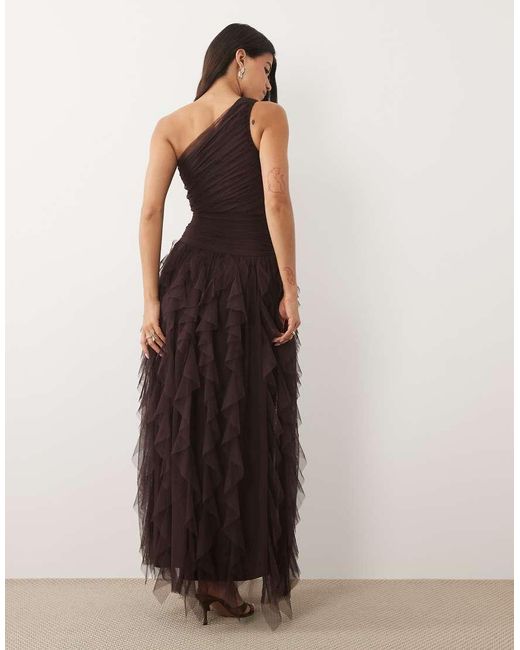 LACE & BEADS Brown Bridesmaid One Shoulder Waterfall Ruffle Maxi Dress