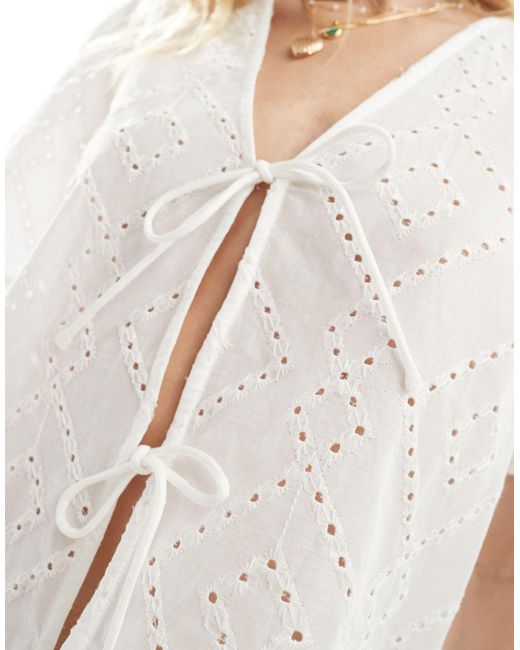 ONLY White Broderie Detail Tie Front Blouse