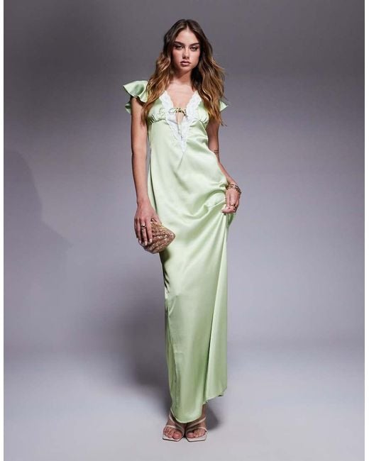 Princess Polly Gray Satin Plunge Lace Trim Flutter Sleeve Maxi Dress