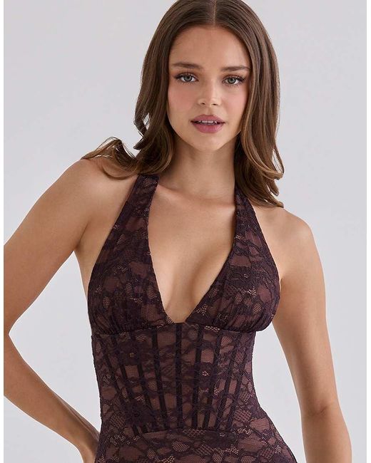 House Of Cb Purple Saskia Chocolate Lace Contouring Silhouette Maxi Dress