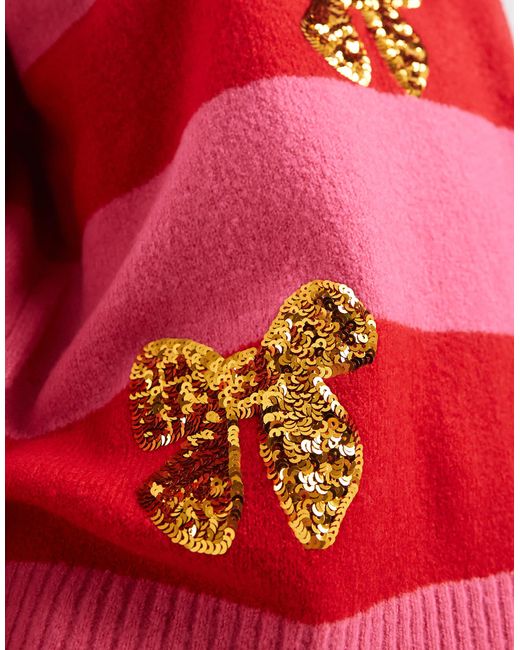 Brave Soul Red Crew Neck Stripe Jumper With Sequin Bow Detail