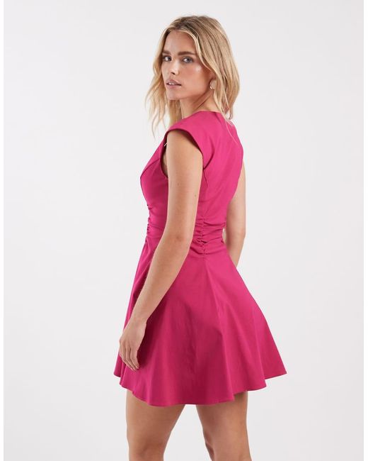 ASOS Pink Asos Design Petite V Neck Ruched Bengaline Mini Dress