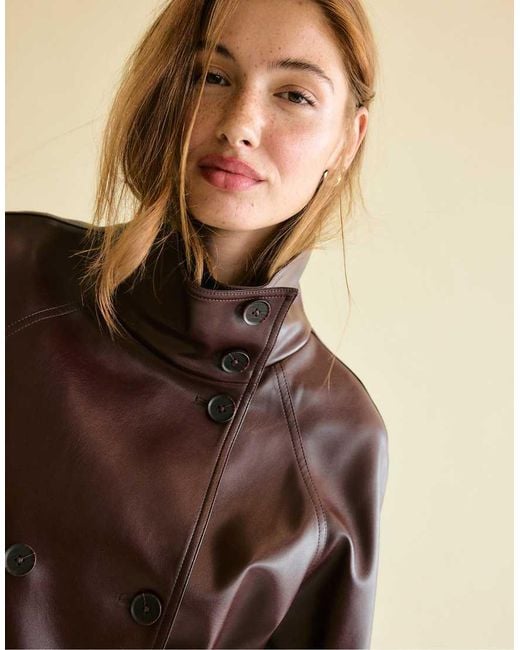 Stradivarius Natural High Neck Leather Effect Trench Coat