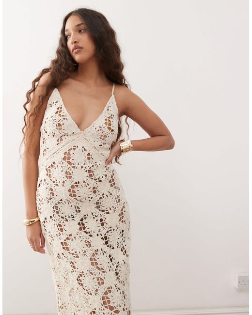 Amy Lynn Natural V-neck Crochet Maxi Slip Dress
