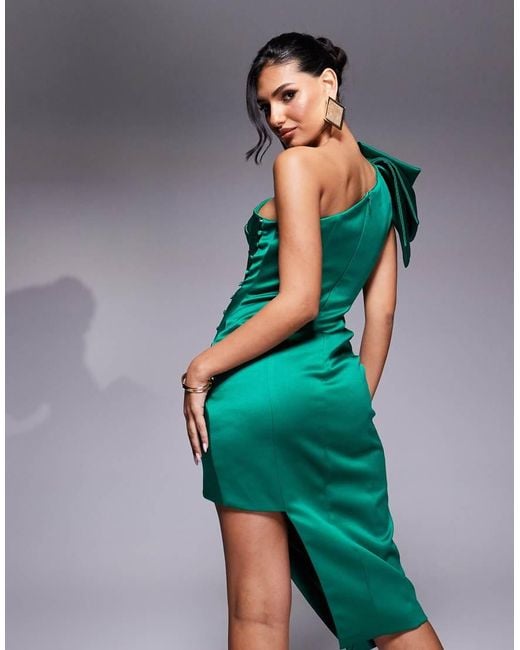 Lavish Alice Green Bonded Satin Bow Shoulder Wrap Midi Dress