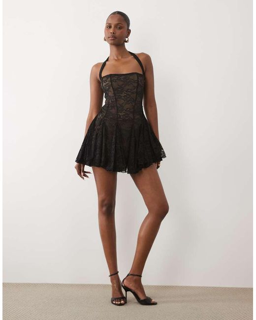 Murci Black Square Halterneck Gathered Godet Hem Lace Mini Dress