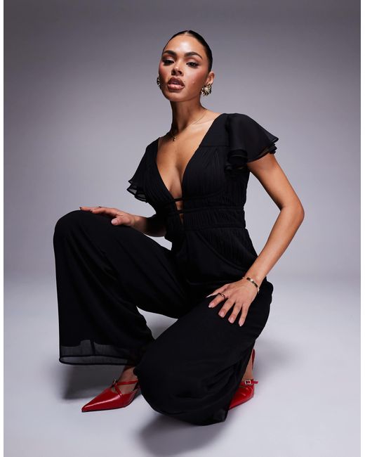 ASOS Blue Flutter Sleeve Ruched Wide Leg Jumpsuit
