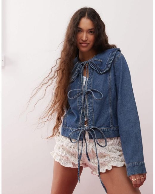 Miss Selfridge Blue Tie Front Frill Denim Collar Jacket