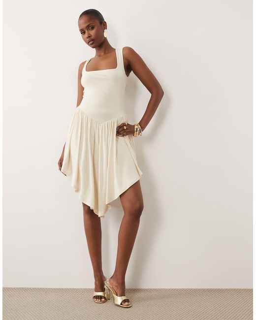 ASOS Natural Square Neck Hanky Hem Drop Waist Slinky Mini Dress