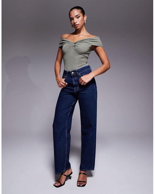Edikted Gray Twisted Front Off Shoulder Top