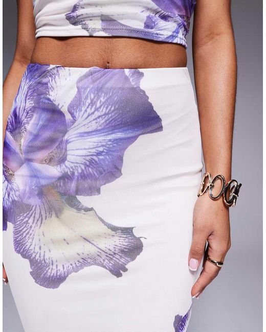 Kaiia Blue Exclusive Double Layered Slinky Mesh Floral Maxi Skirt Co-ord
