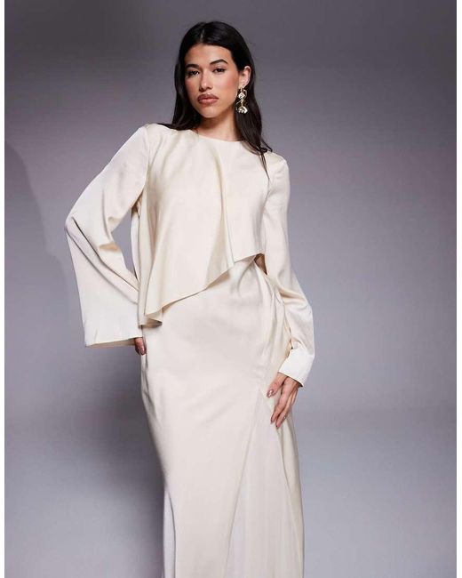 ASOS Satijnen Maxi-Jurk Met Lange Mouwen En Cape-Detail in het Gray