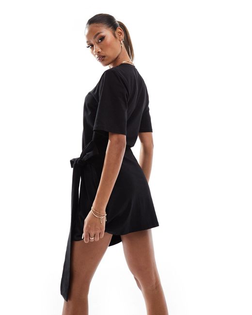 In The Style Black Exclusive Wrap Tie Side Mini T-shirt Dress
