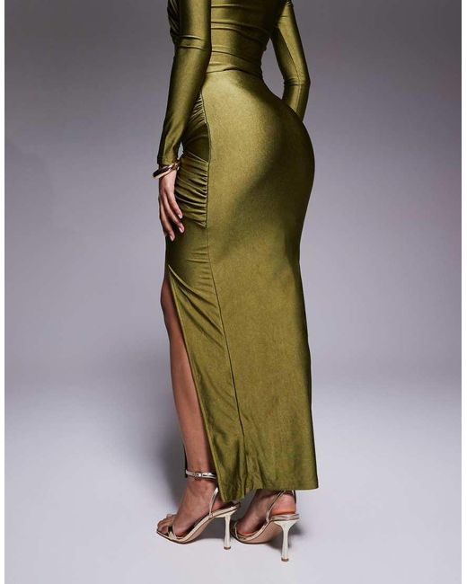 Ruched & Ready Brown Looked Twice Sculpted High Shine Drape Front Thigh Split Maxi Skirt Co-Ord