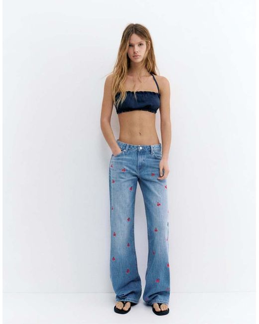 Pull&Bear Blue baggy Jeans With Cherries