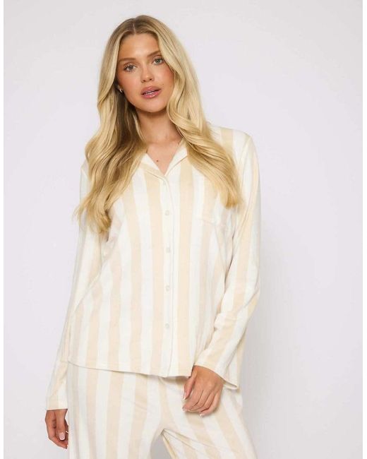 Loungeable Natural Striped Velour Traditional Pyjama Set