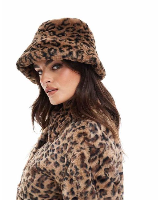 Pieces Brown Faux Fur Bucket Hat