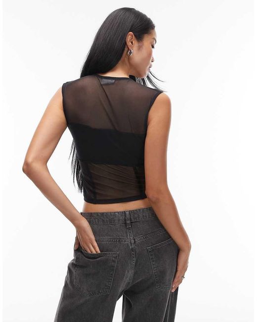 ASOS Black Sheer Mesh Panel Detail Plunge Top