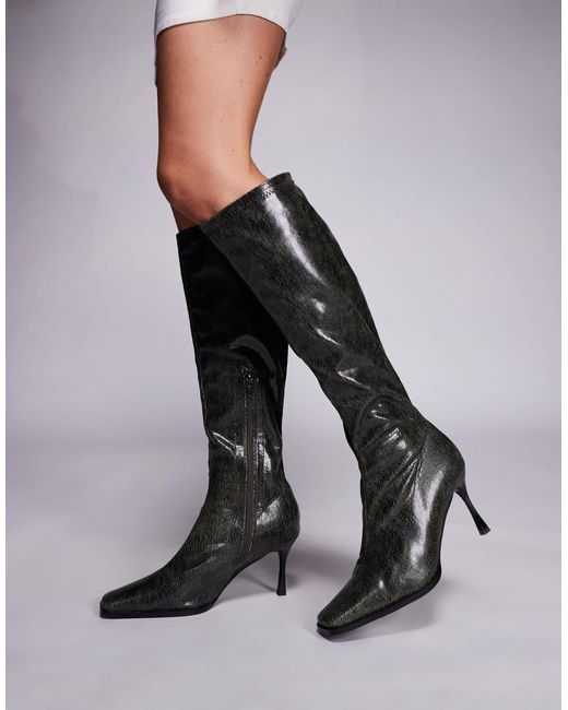 Public Desire Black Scorpion Square Toe Heeled Knee Boots