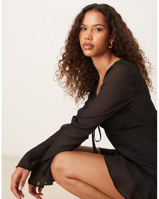 ASOS Black Ruched Bust Scoop Long Sleeve Mini Dress