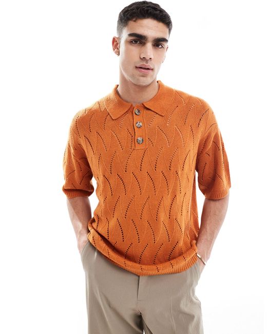 ASOS Orange Oversized Knitted Pointelle Polo for men