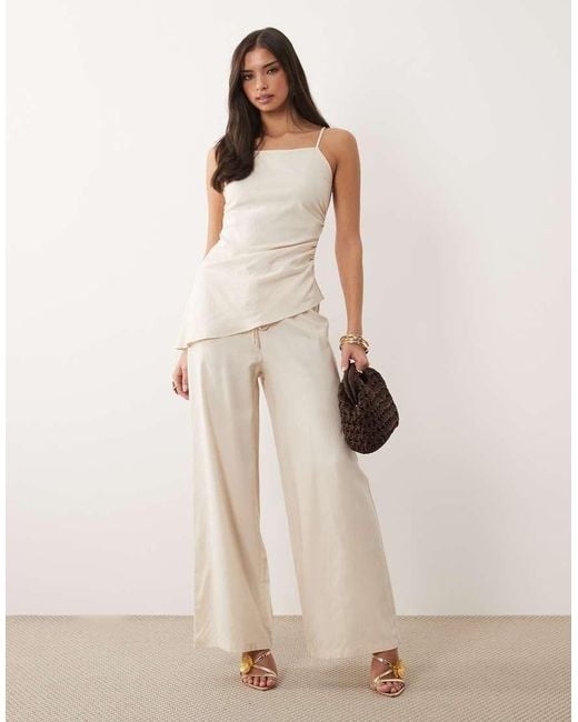 Kaiia Natural Exclusive Linen Blend Square Neck Gathered Asymmetric Longline Top Co-ord