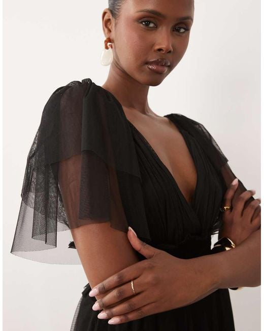 LACE & BEADS Black Bridesmaid Shirred Waist V Neck Mesh Flutter Sleeve Maxi Dress