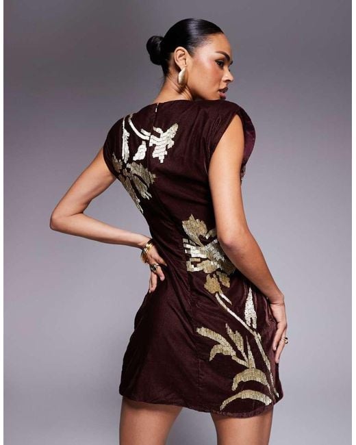 ASOS Brown Velvet Shoulder Pad Mini Dress With Floral Embellishment
