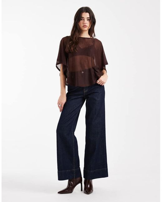 ASOS Brown Knit-Look Semi Sheer Slash Neck Cape Top