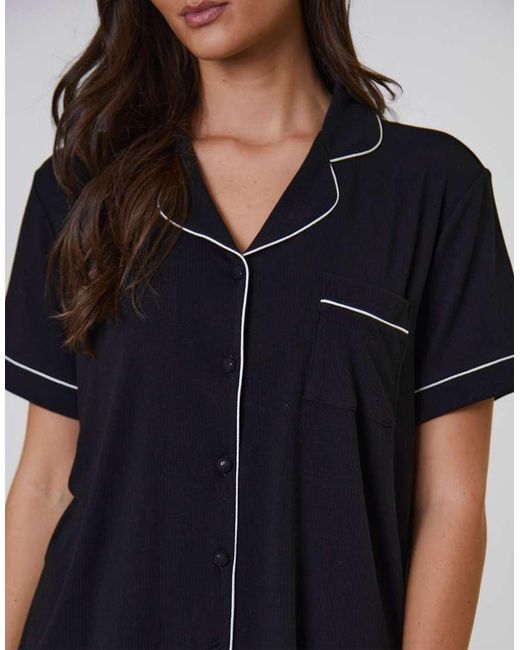 Loungeable Black Ladies Traditional Rib Short Pyjama Set