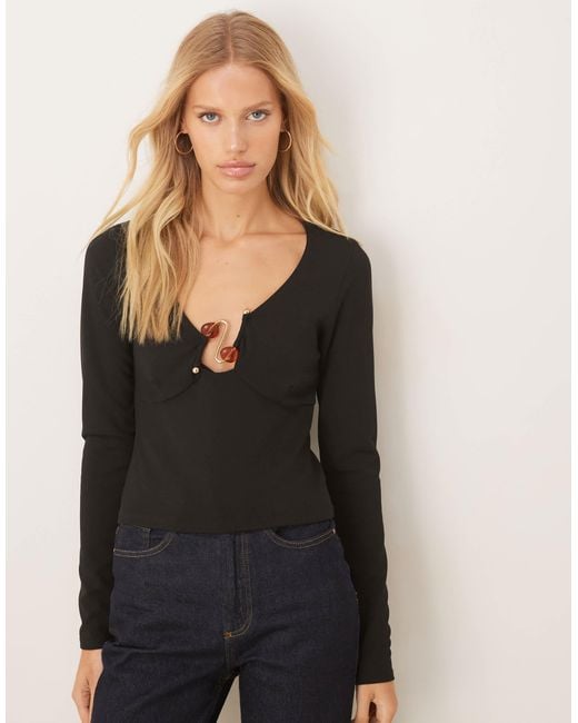 ASOS Black Crepe Long Sleeve Top With Beaded Trim