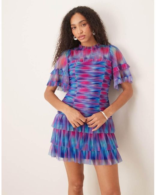 ANAYA Blue Abstract Watercolour Gathered Mini Dress