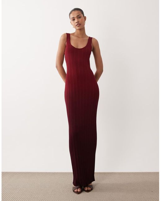 SNDY'S Red Ribbed Knit Scoop Neck Sleeveless Bodycon Maxi Dress