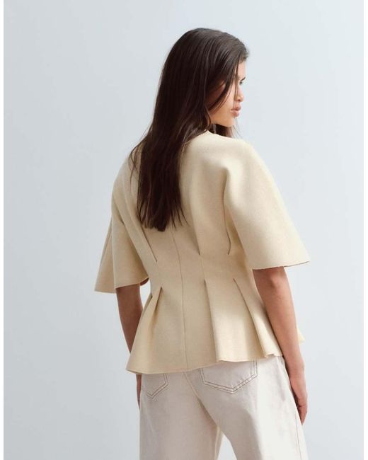 ARRANGE Natural Knit Short Sleeve Cinched Pleated Top