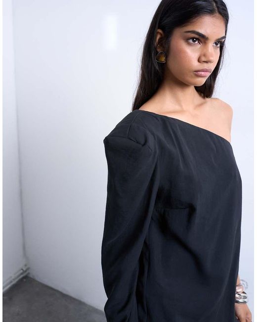 TOPSHOP Gray Cupro Asymmetric Top With Shoulder Pads