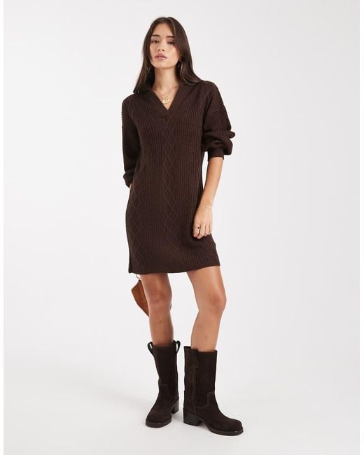 Wednesday's Girl Gray V-neck Collared Sweater Dress